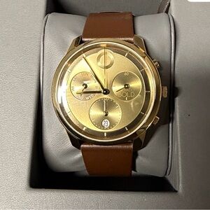 Movado Gold Dial Chronograph Watch with Brown Leather Strap